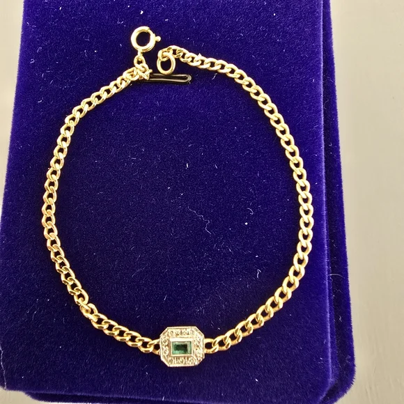 Two Tone Gold Plated Lab Created Emerald Bracelet. 6.75In - Picture 2 of 4